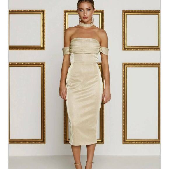 Alamour Dresses & Skirts - ALAMOUR Women Casual Off Shoulder Sleeve Midi Dress Party Glitter Cream XSmall